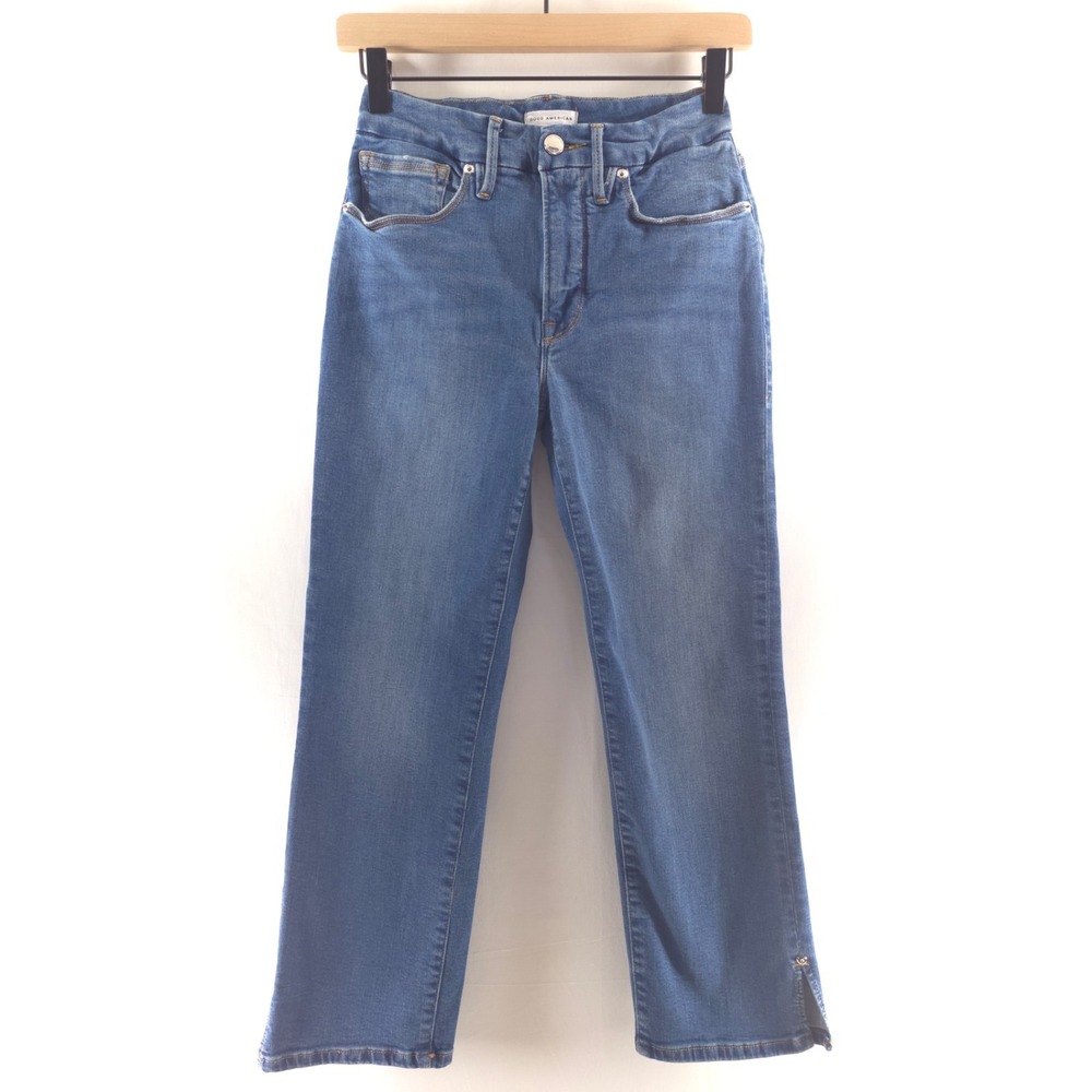 Good American Womens Jeans Straight Leg 4/27 Blue High Rise Side Slit Snap‎ Hem
